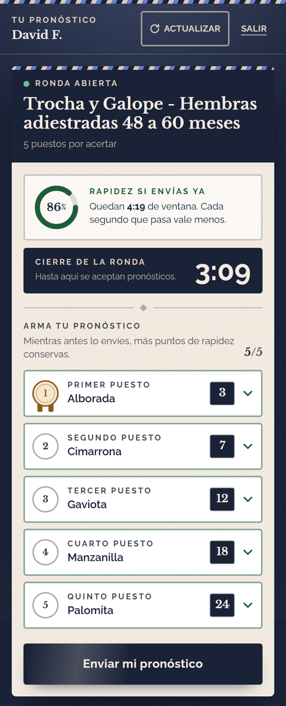 La ronda abierta en el celular, con el cronómetro y los puestos por asignar